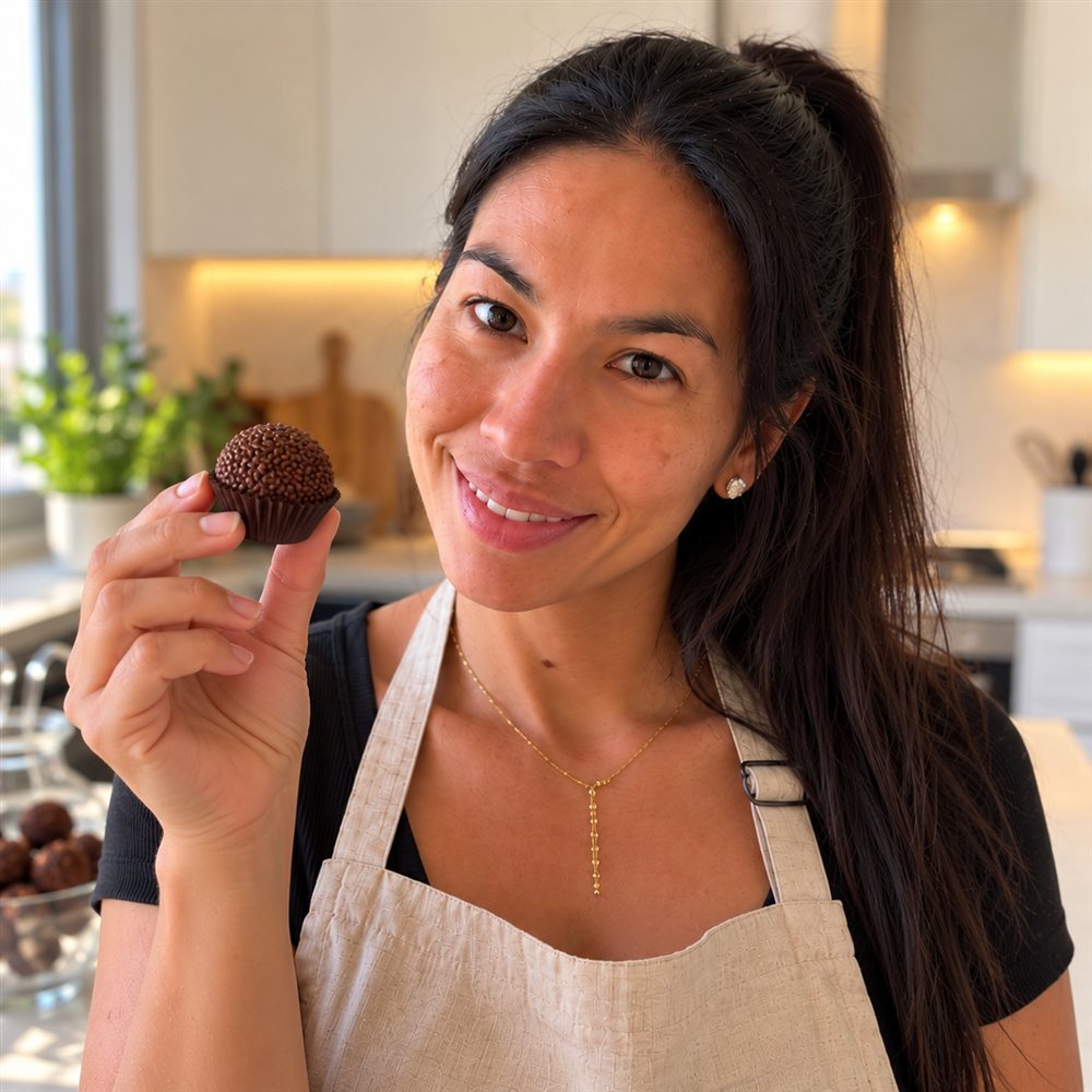 Carol segurando um brigadeiro gourmet entre os dedos e sorrindo para a câmera na cozinha