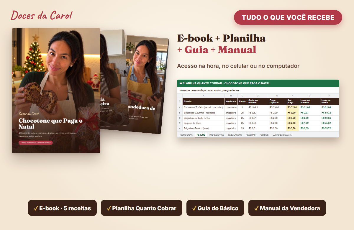 Todos os materiais do kit: e-book Chocotone que Paga o Natal, planilha Quanto Cobrar, Manual da Vendedora de Doces e os demais bônus