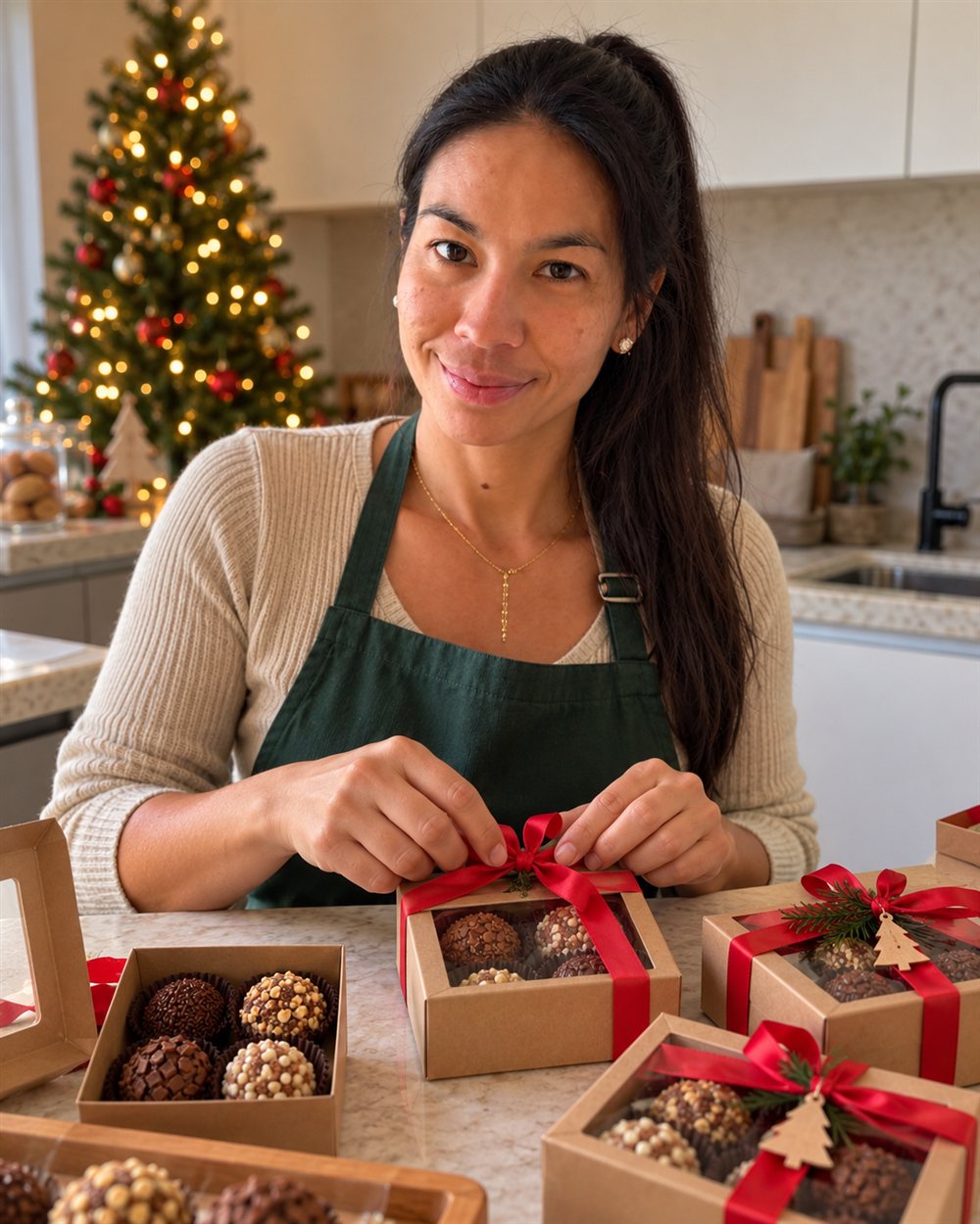Carol amarrando uma fita vermelha de presente numa caixinha de brigadeiros na bancada da cozinha